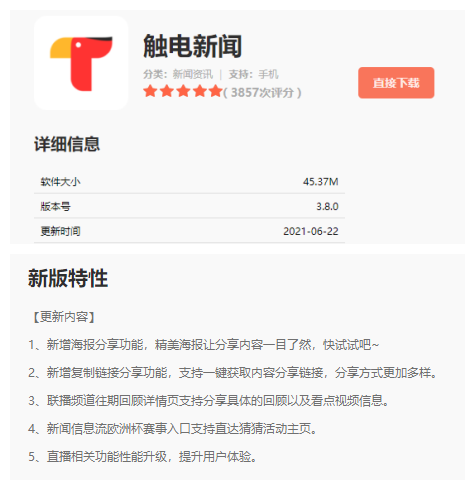 《触电新闻》今日发布3.8.0版本 新增海报、复制链接分享功能