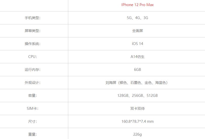 苹果iPhone 12 Pro Max参数配置