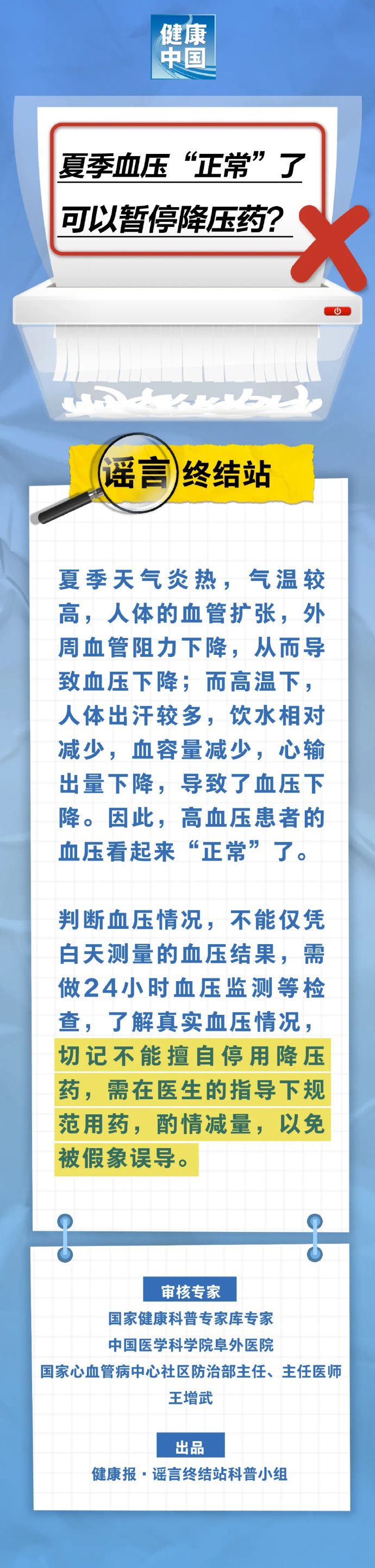 网络谣言每日辟谣（2024.7.9：夏季血压“正常”了，可以暂停降压药……是真是假）