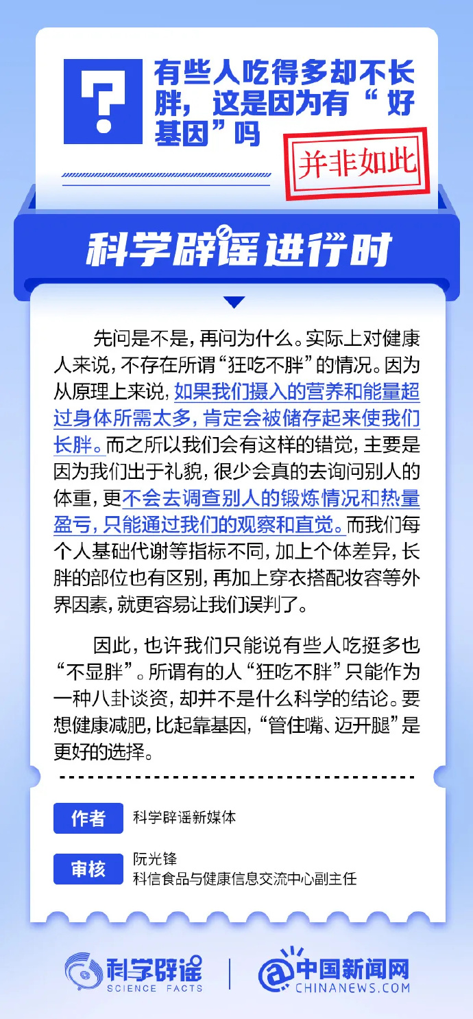 网络谣言每日辟谣（2024.8.5：有些人吃得多却不长胖，这是因为有“好基因”吗）