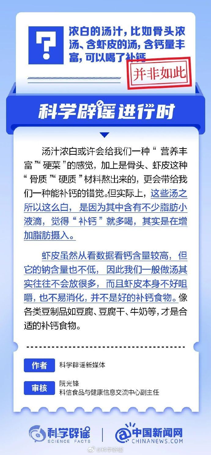 网络谣言每日辟谣（2024.8.6：浓白的汤汁，比如骨头浓汤、含虾皮的汤，喝了可以补钙）