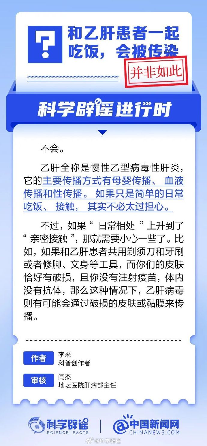 网络谣言每日辟谣（2024.8.19：和乙肝患者一起吃饭会被传染吗）