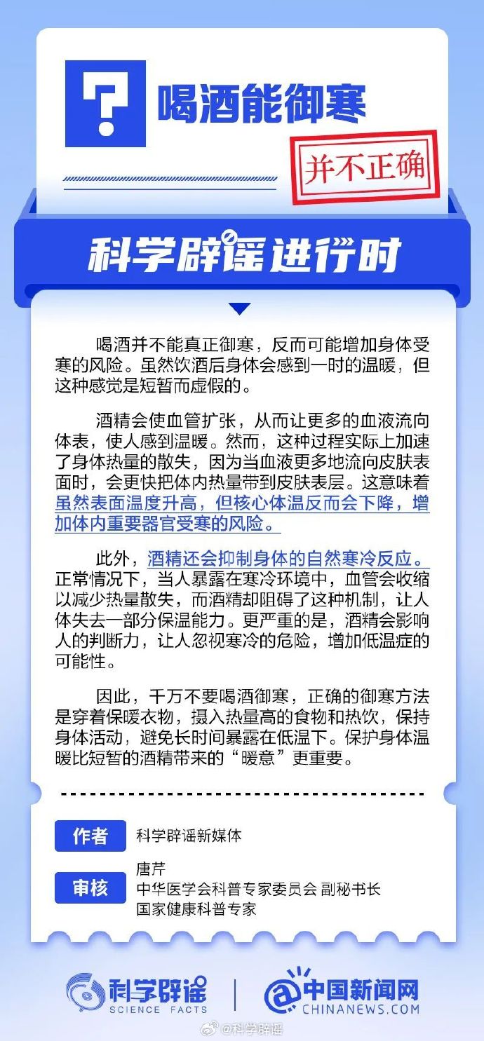 网络谣言每日辟谣（2025.2.6：喝酒能御寒）